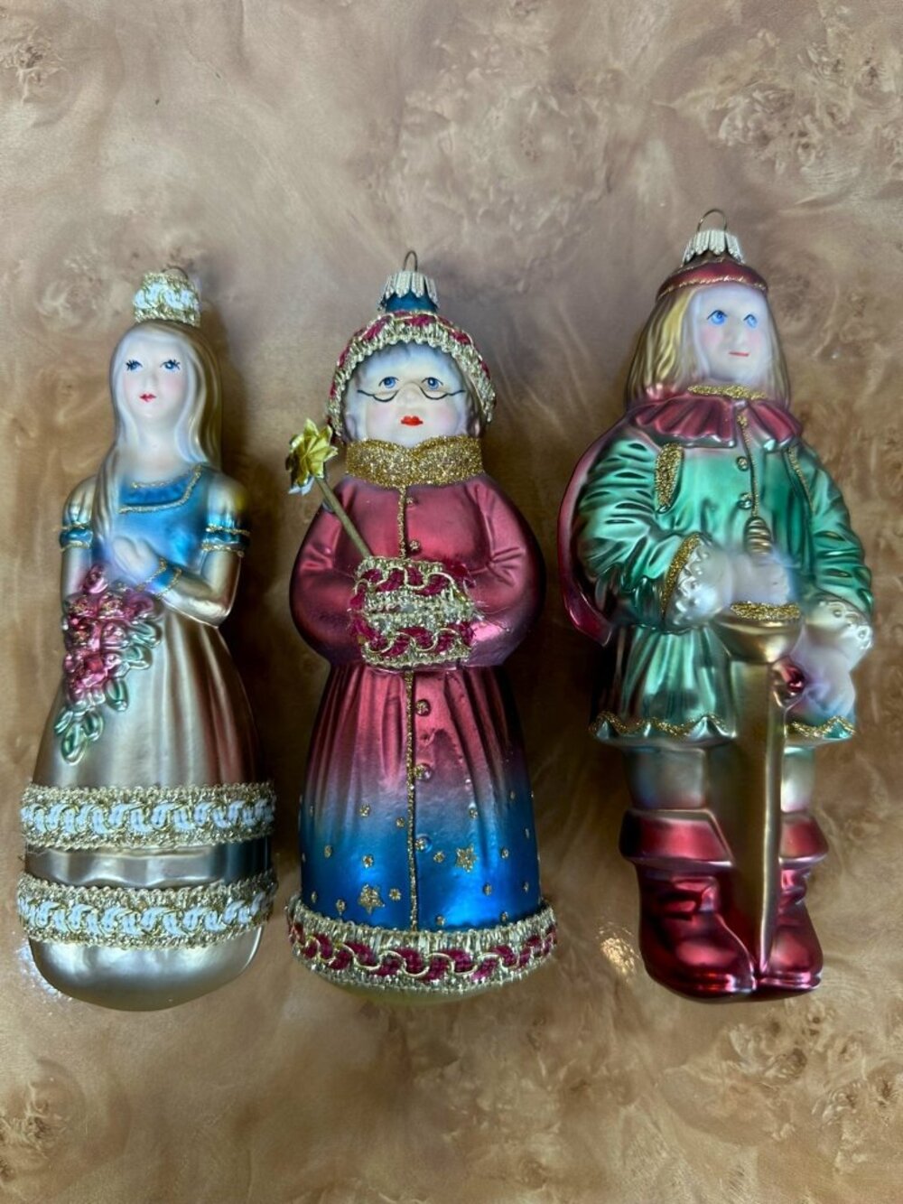 Kurt Adler Polonaise Cinderella Fairy Godmother Prince Glass Ornaments Set of 3